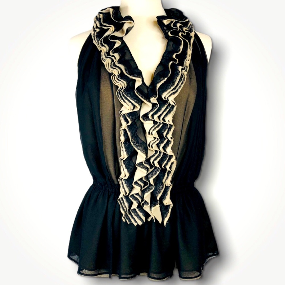 Black and Tan Ruffled Front Top S